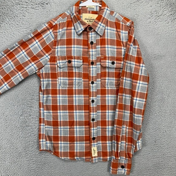 Abercrombie & Fitch Other - Abercrombie Fitch Button Up Shirt Men Medium Orange Plaid Muscle Fit Flap Pocket